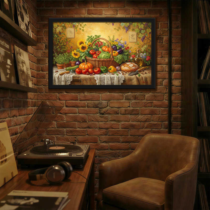 Nature morte de légumes et de fruits à la mode, H 16 po x l 24 po
