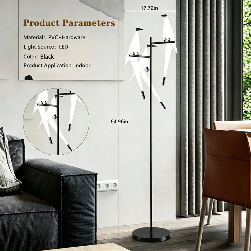 Lampe sur pied décorative à 3 têtes avec grue en papier 64,96 po, lumière blanche froide, base en métal stable, abat-jour en PVC pour le salon, la chambre à coucher et le bureau