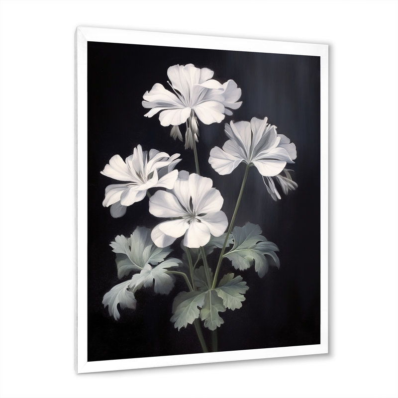 «Black and White Geranium Minimal Expression», reproduction sur toile, H 44 po x l 34 po x P 1,5 po, Cadre simple blanc