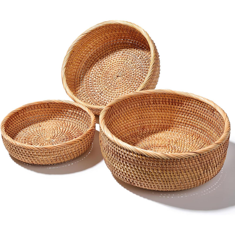 Ensemble de 3 paniers de rangement en rotin tissés à la main pour ranger des comptoirs de cuisine, des fruits, des collations et du pain, Boho Farmhouse Decor