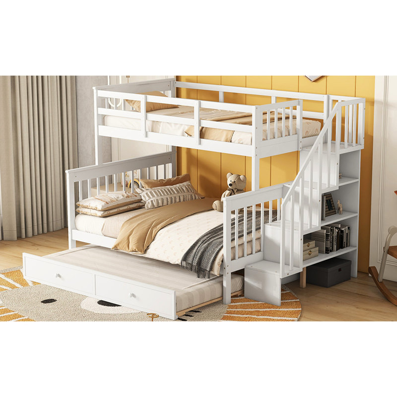 Lit superposé simple blanc avec lit gigogne simple et garde-corps, options de rangement - lit en bois massif pour lit gigogne, adultes fonctionnels
