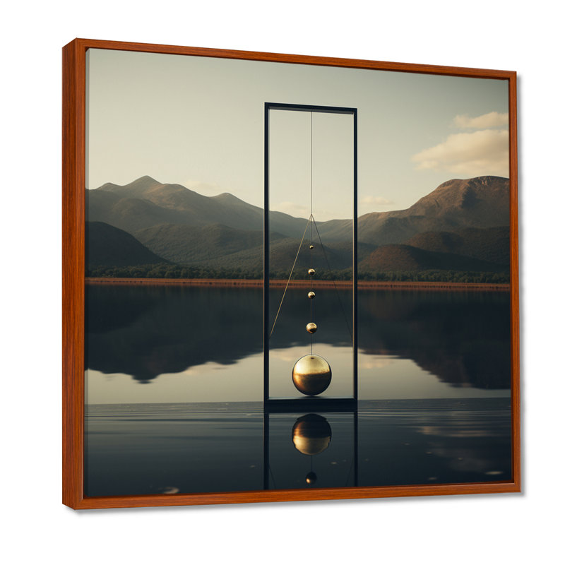 Golden Sphere of Zen Serenity - Abstract Landscape, art mural, Cadre flottant brun, H 16 po x l 16 po