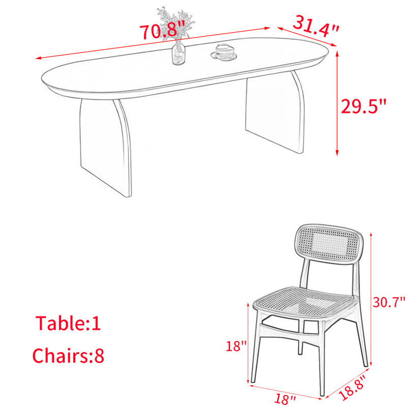 Ensemble de table de salle à manger moderne en bois massif ovale, H 29,5 po x L 70,8 po x l 31,4 po