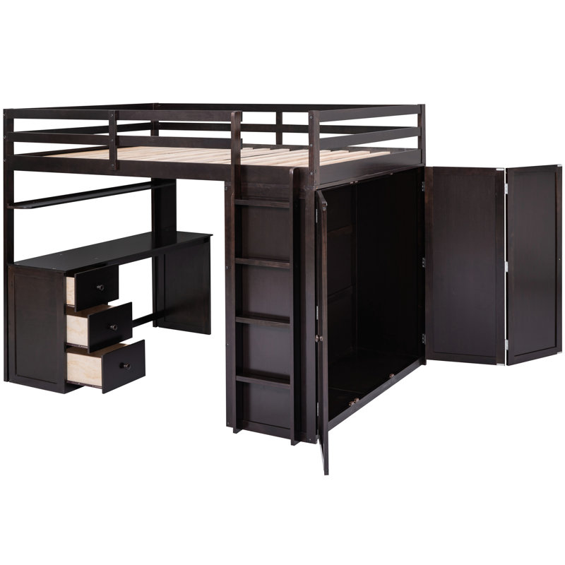 Lit mezzanine double avec garde-robe. Fabrication solide. Tiroirs et bureau polyvalents. Pièce de chambre à coucher moderne. Armoire, tiroirs, bureau 78 po. L 78,3 po x l 56,7 po. Chambre fonctionnelle.