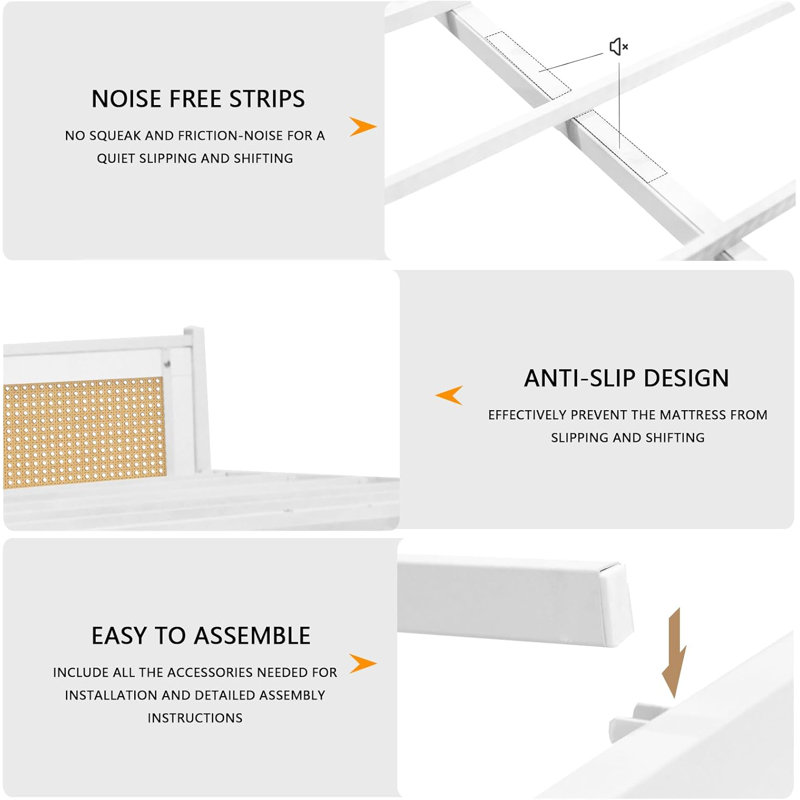 Rattan Bed Frame With Headboard, Boho Cane Platform Bed Frame With Strong Metal Slat, Noise Free, Queen, White