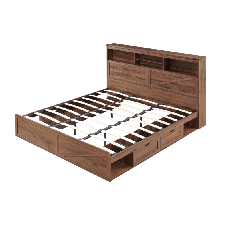 Etsuyo Farmhouse King Bed Frame with Headboard and Power Outlets,  Wood Platform Bed with Storage, 4 Drawers ,Led Light, No Box Spring Needed