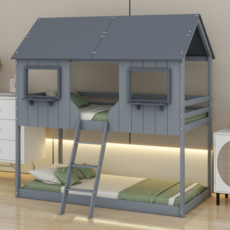 Bunk Bed With Roof, Window, Guardrail, Ladder, Gray