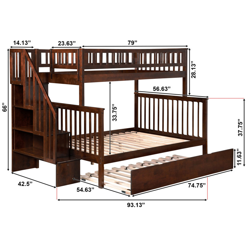 Nala Kids Staircase Bunk Bed with Trundle Bed, Walnut, Twin Over Full