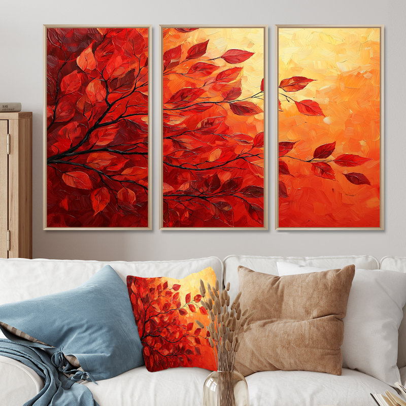 Automne, coucher de soleil et feuille d'érable I - feuilles, art mural - ensemble de 3, H 32 po x l 48 po, Maple