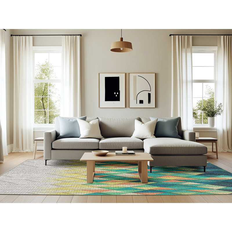 Tapis vert/jaune/gris à motifs, Rectangle 6 pi x 9 pi