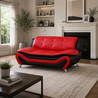 Canapé de 42 po, causeuse en similicuir avec siège profond et design capitonné, rouge