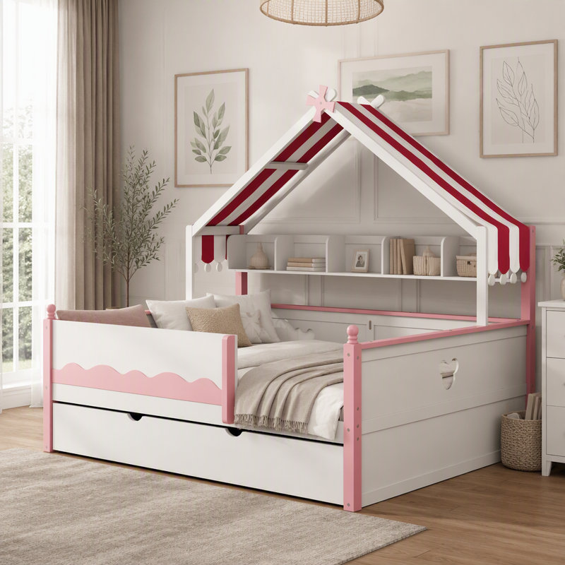 Lit de jour avec bibliothèque, White+Pink