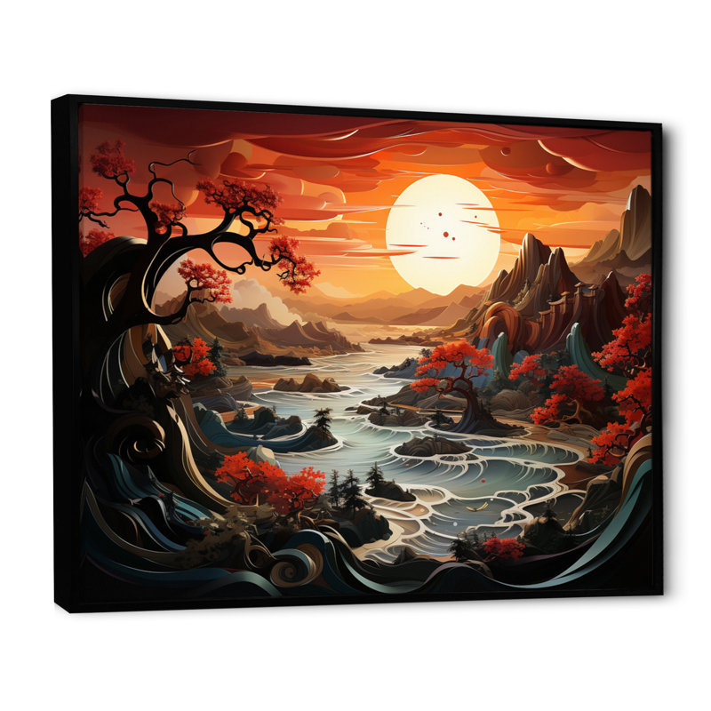 " China Dragons Landscape ", Black Floater Frame, 24" H x 32" W x 1" D