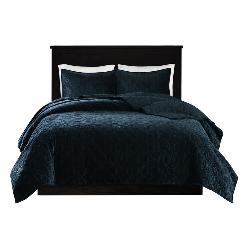Courtepointe en velours 3 pièces double / grand bleu sarcelle - Courtepointe géométrique pour un environnement de chambre à coucher serein, confort rembourré en coton, comprend 1 et 2 taies décoratives, lavable à la machine, nuit paisible et durable