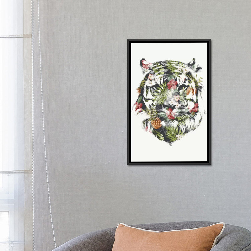 «Tropical Tiger», impression sur toile, H 26 po x l 18 po x P 1,5 po, Toile avec cadre noir, Pas de tapis