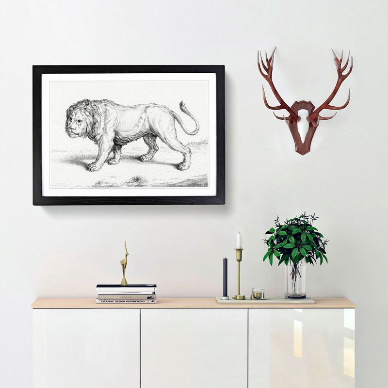 Prowling Lion by Jean Bernard - Picture Frame Drawing Print, 36cm H x 48cm W x 2cm D, Black Framed