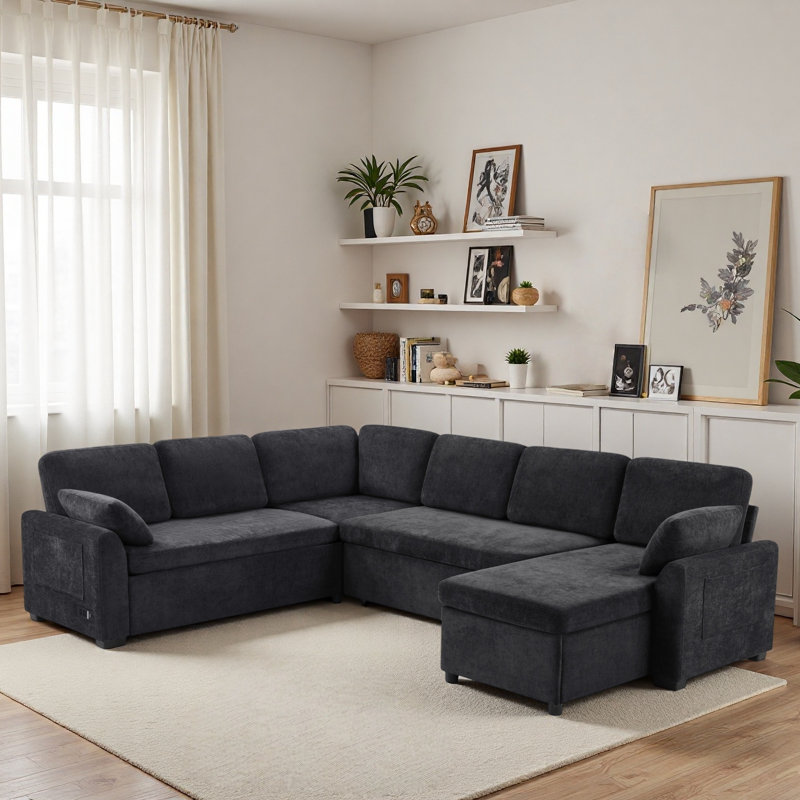 Canapé-lit modulaire convertible avec méridienne réversible, poches de rangement et dispositifs de chargement, Chenille noir