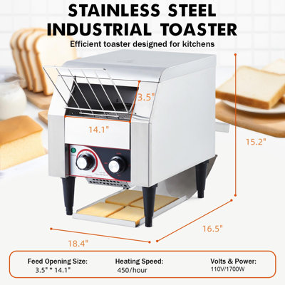 Commercial Toaster Conveyor 450 Slices/H Heavy Duty Industrial Conveyor Toaster Stainless Steel Electric Oven with Dual Heating Tube 7-speed Adjustments for Bagel Croissant Bakery Cafe