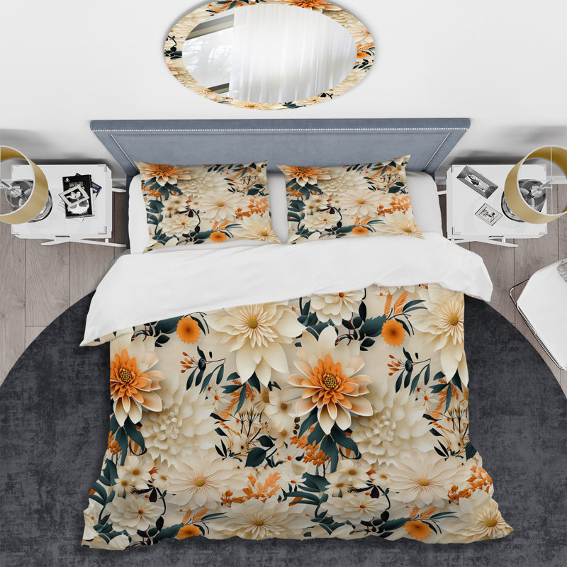 Blanc et beige Dahlia Floral Bloom - Ensemble de housse de couette floral, Housse de couette pour très grand lit et 2 très