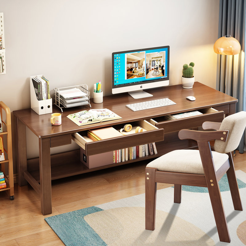 63" Wooden Computer Desk & Chair Set, Home Office Workstation Writing Table, Brown