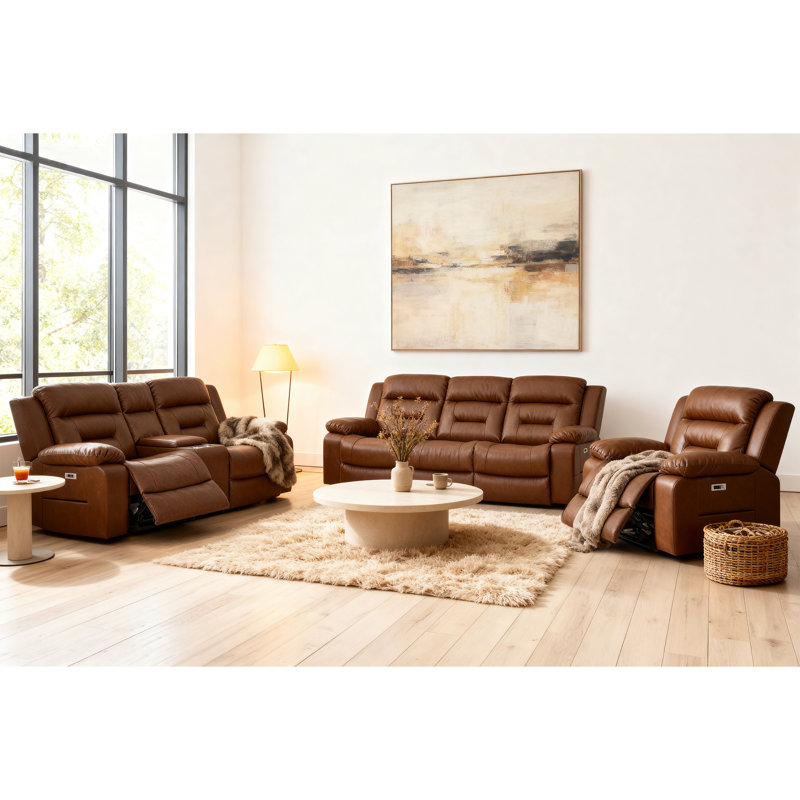 Ensemble de salon 3 pièces 5 fauteuils inclinables électriques avec console de rangement et port USB intégré, Marron clair