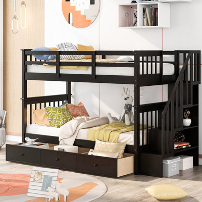 Twintwin Bunk Bed With Three Drawers. Construction. Provides Extra Sleeping Space. Under-Stair Storage For Organization. Versatile, Can Be Separated Into Two Beds. Safe Guardrails And Head/. No Box