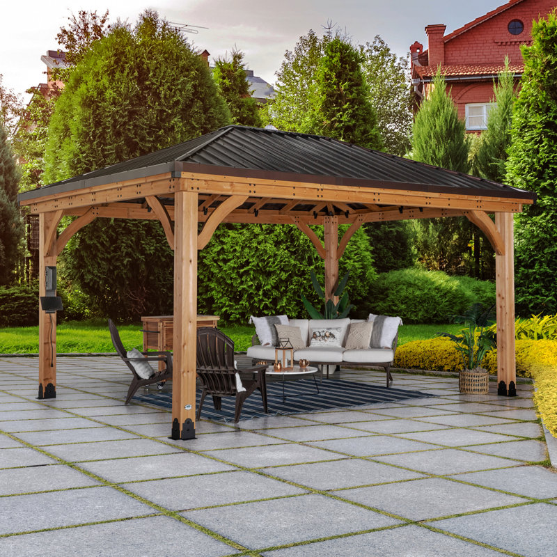 Backyard Discovery Barrington 16' x 12' Cedar Wood Outdoor Patio Gazebo with Hardtop Galvanized Steel Hip Roof and PowerPort