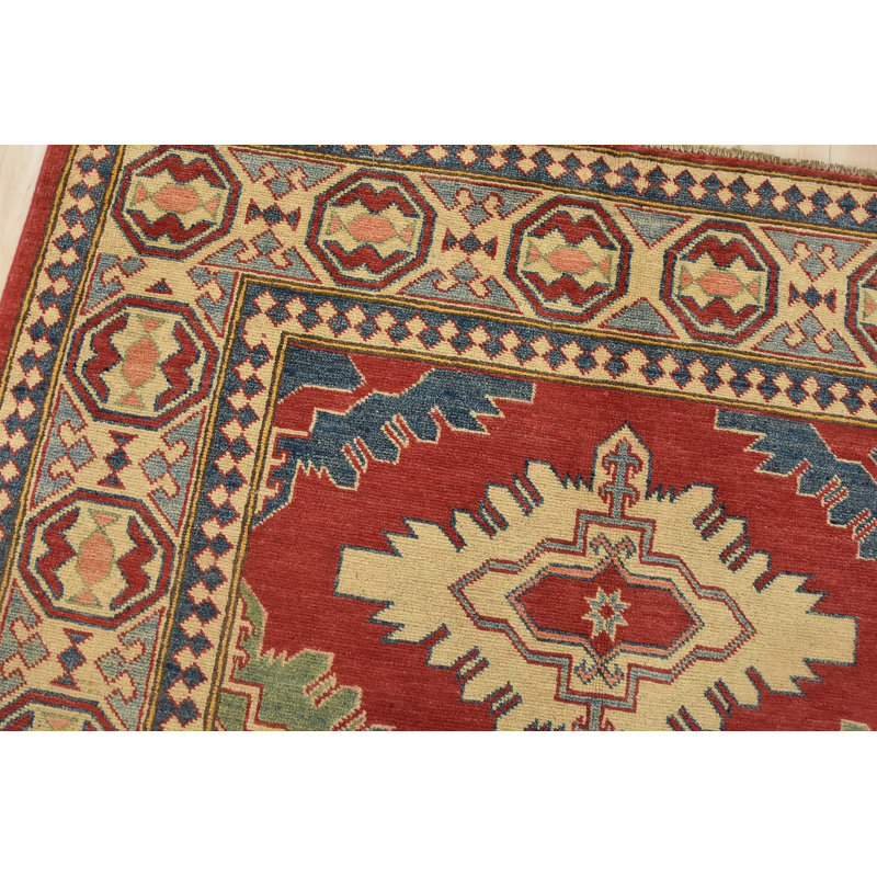 Tapis oriental rouge en laine noué à la main 5 pi 7 po x 7 pi Kazak Kazak