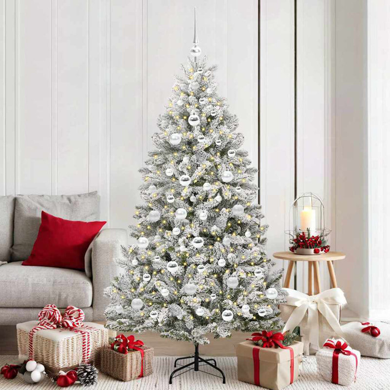 Artificial Christmas Tree Green and White PVC and Metal, Green/White, 150 cm, with Leds & Silver Balls