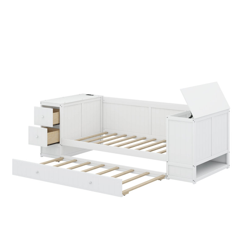 Twin Size Daybed With Trundle, Storage Arms And Charging Station, White