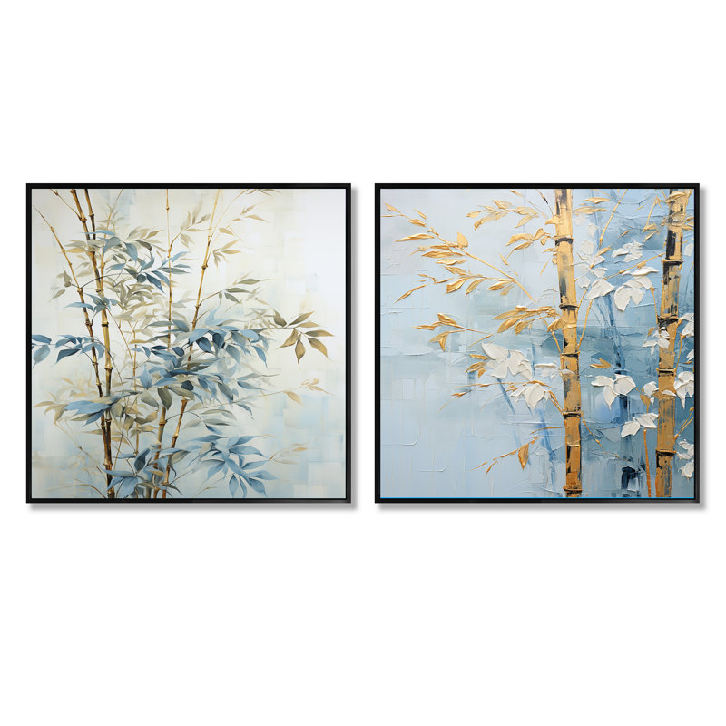 Ensemble de 2 collages carrés en bambou bleu et doré Minimalisme, Cadre flottant noir, H 16 po x l 33 po