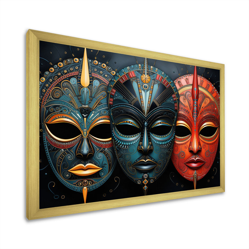 Red African Masks III - Masque africain, art mural, H 24 po x l 32 po, Cadre photo unique, Doré
