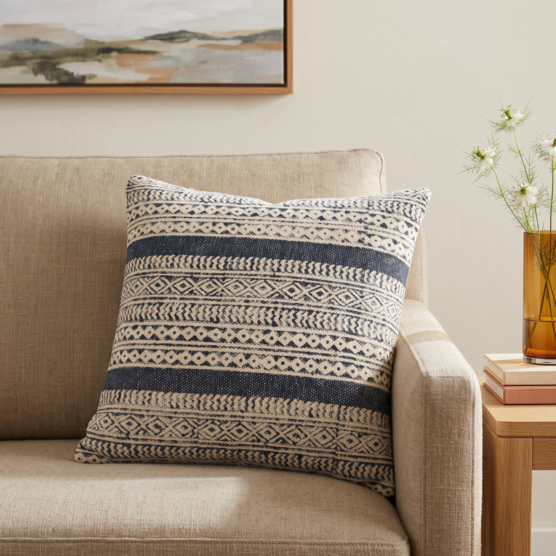 Zetta Geometric Cotton Throw Pillow, 18" x 18", Beige/Denim, Polyester/Polyfill