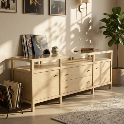 Solid Rubberwood Audio Cabinet – Glass Top, 3 Open Shelves + 2 Drawers + 2 Doors