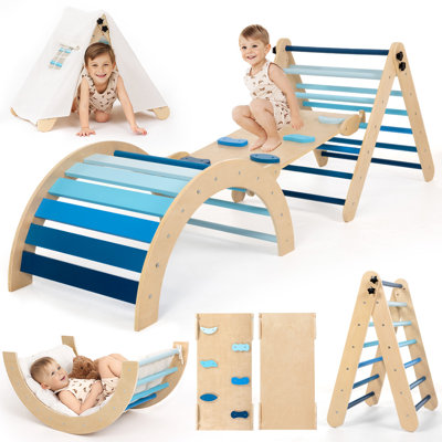Ensemble triangulaire Pikler avec tente et coussin, ensemble d'escalade Montessori, jouets d'escalade en bois, avec arche, rampe, échelle, gymnase de la jungle intérieure pour les tout-petits