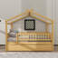 Lit double en bois avec conception en forme de maison, lit gigogne escamotable, structure de toit et barrière de sécurité-1206866272