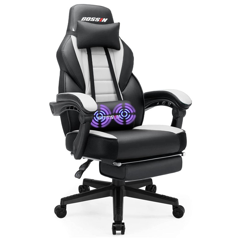 BOSSIN Gaming Chairs with Footrest, Ergonomic Computer Game Chairs with Lumbar Support, White/Black