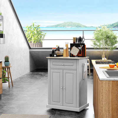 Chariot pour îlot de cuisine roulant, table de service portable avec tiroir, tablette réglable et 2 porte-serviettes, gris
