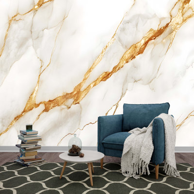 Élégante murale en marbre blanc avec veines dorées - Papier peint texturé de luxe pour les salles de bain, les chambres et les espaces de vie élégants