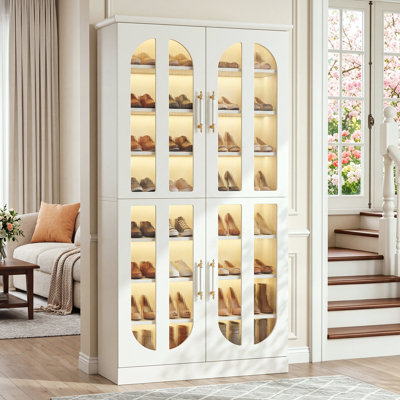 Armoire de rangement pour chaussures avec 6 modes d'éclairage et organisateur de chaussures autoportant moderne en acrylique à DEL à intensité variable