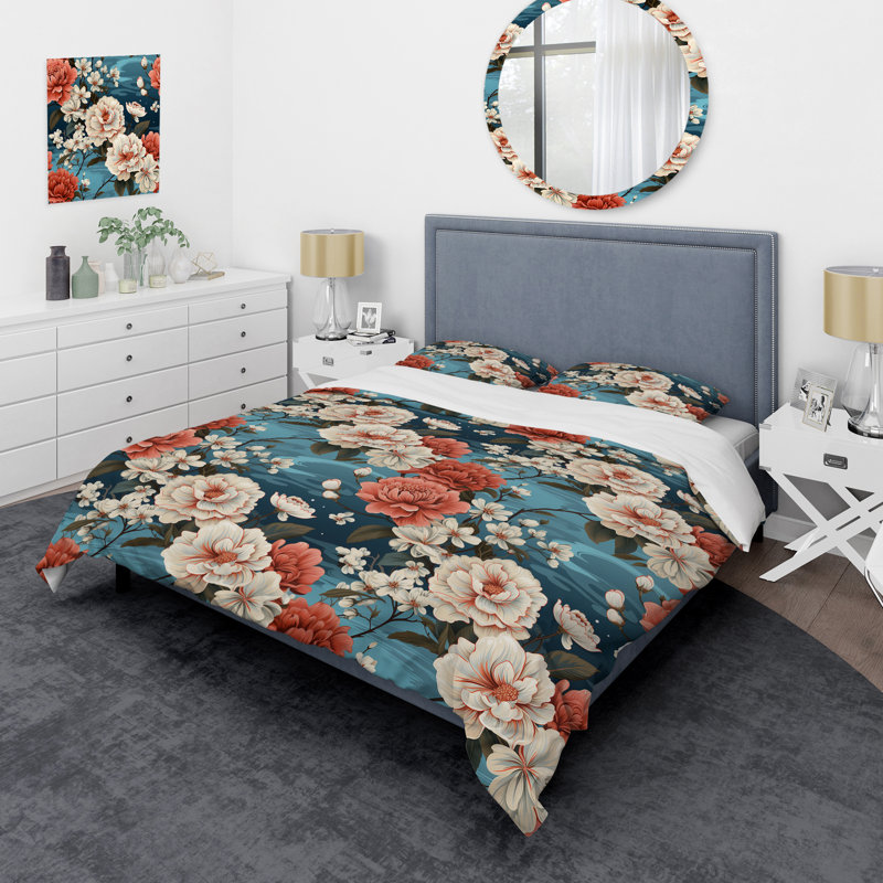 Ensemble de housse de couette à motif floral Rhododendron, Housse de couette pour très grand lit et 2 très