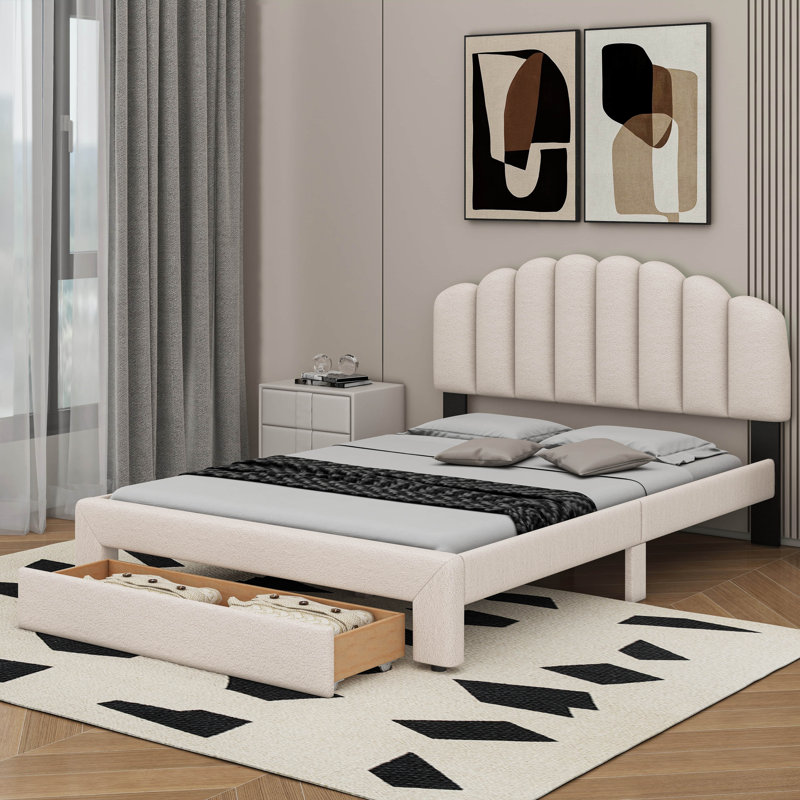 Grand lit plateforme tapissier en molleton avec tiroirs, Beige