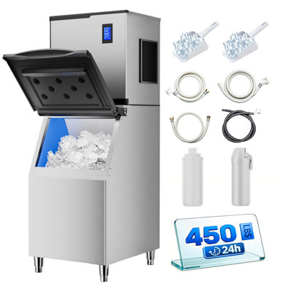 Coolake Commercial Ice Maker Machine 450lbs/day With 350 Lbs Storage Bin, Air Cooled Stainless Steel Industrial Ice Maker, Self-cleaning Lcd Panel Modular Ice Machine For Bar Restaurant Cafe Hotel Church
