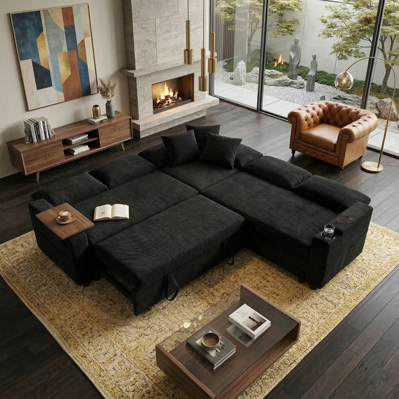 Symmetrical Upholstered Corner Sectional With Arm Table And Pull-Out Bed, Black