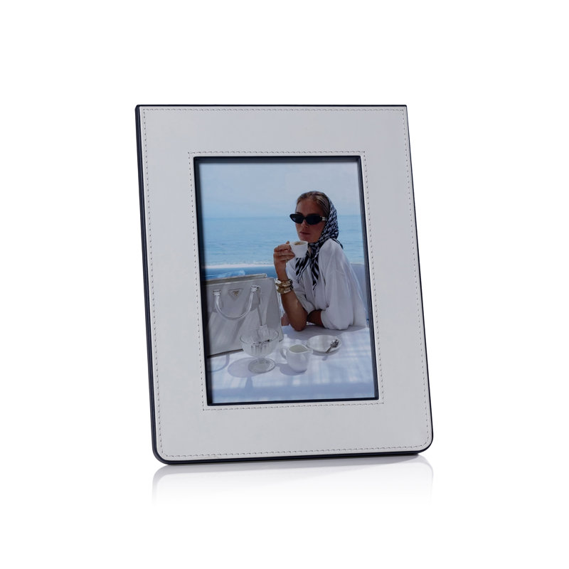Cadre photo en cuir Raffia, 5 po x 7 po, Blanc / Bleu