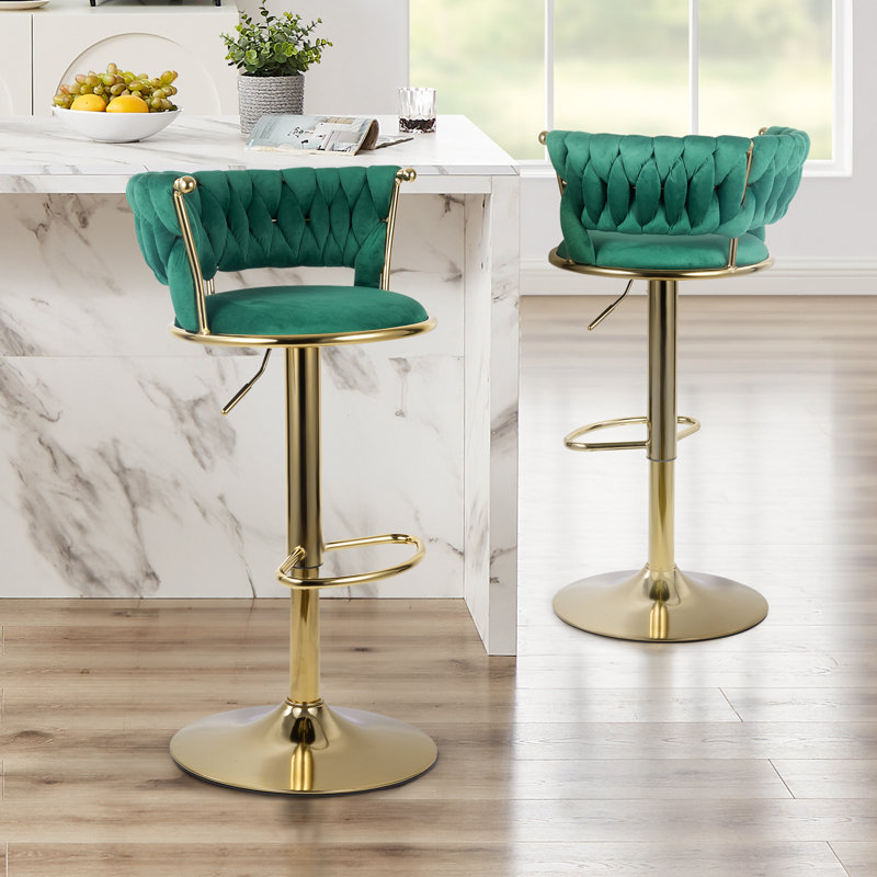 Swivel Upholstered Adjustable Height Bar Stool, Green, 2