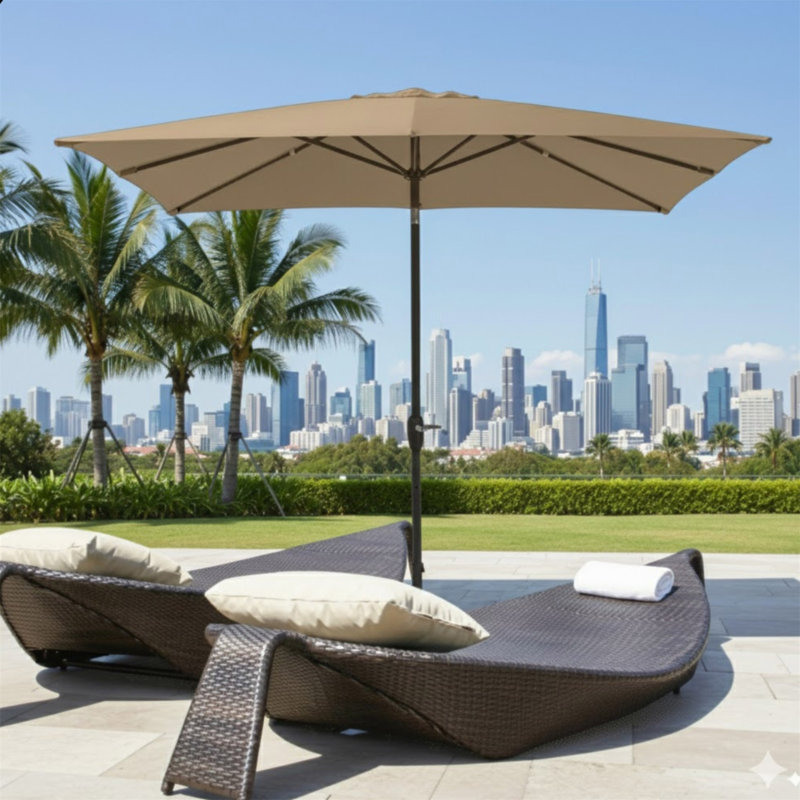 Parasol rectangulaire de 6,5 x 10 pi avec manivelle, inclinaison et auvent en polyester résistant aux rayons UV pour la piscine, la cour et le patio (sans base)