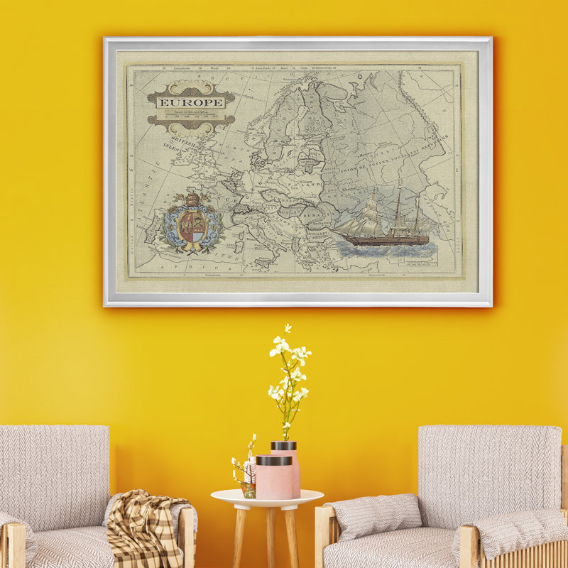 Carte antique de l'Europe - reproduction de cadre photo sur toile, H 26,5 po x l 36,5 po x P 1,5 po, Argent