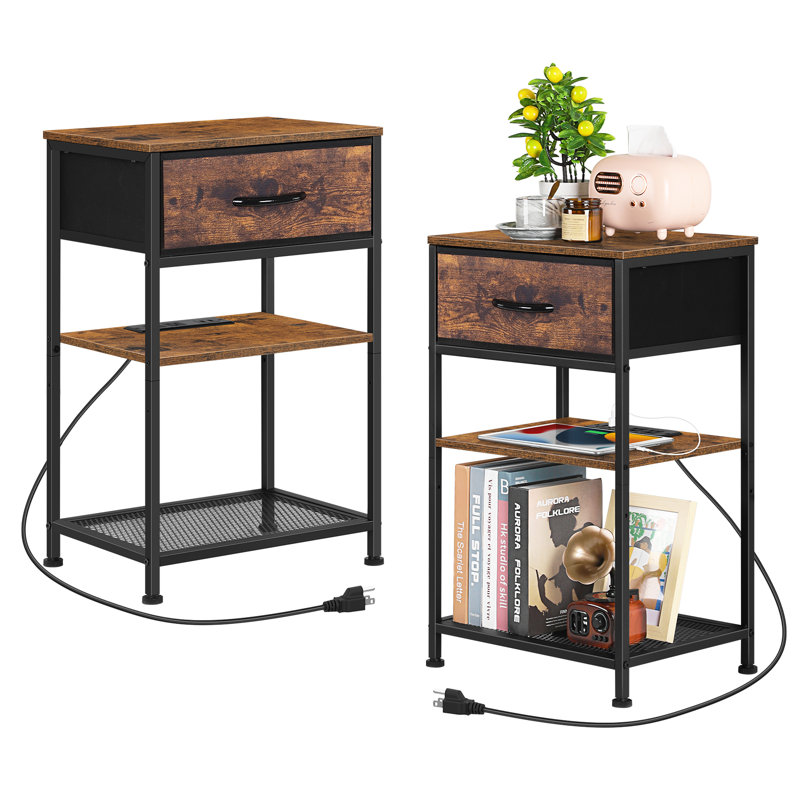 Issai End Table Set and Built-In Outlets, Brown
