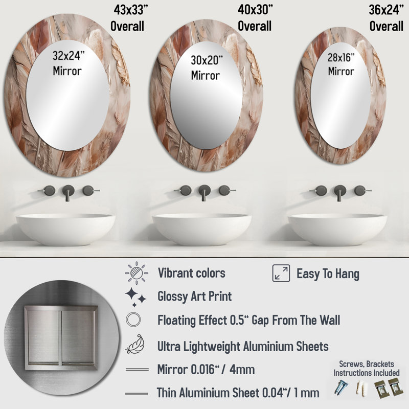 Gold Glamorous Feathers Of Boho Fantasy V - Glam Oval Wall Mirror, 36" x 24"
